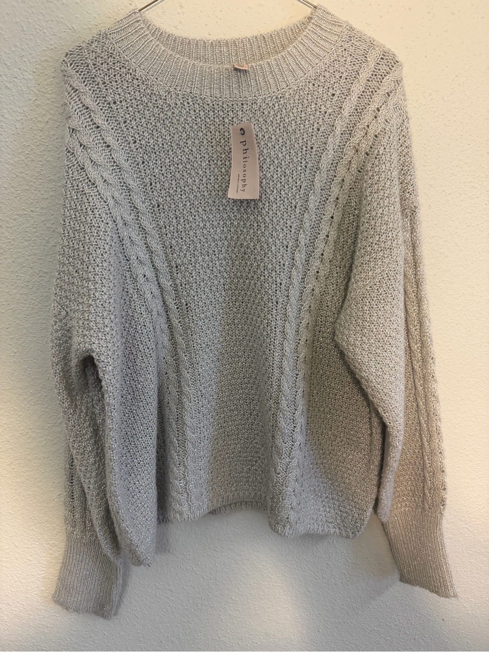 Philosophy Light Gray Cable Knit Crewneck Sweater